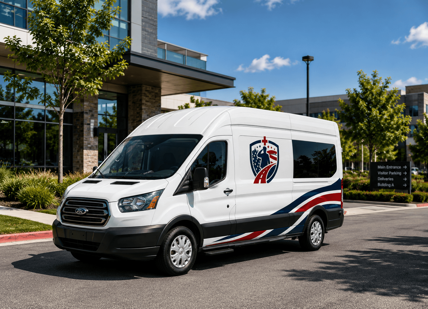 Non-emergency medical transport van parked outside a medical office building